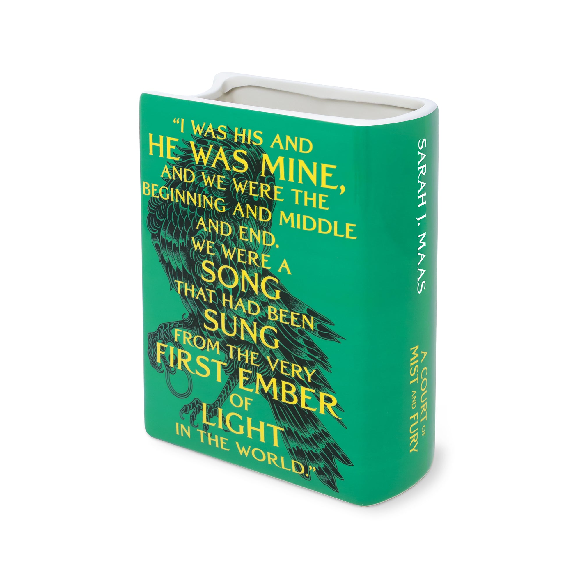 back view of 'A Court of Mist and Fury' by Sarah J. Maas vase with a green cover and white spine.