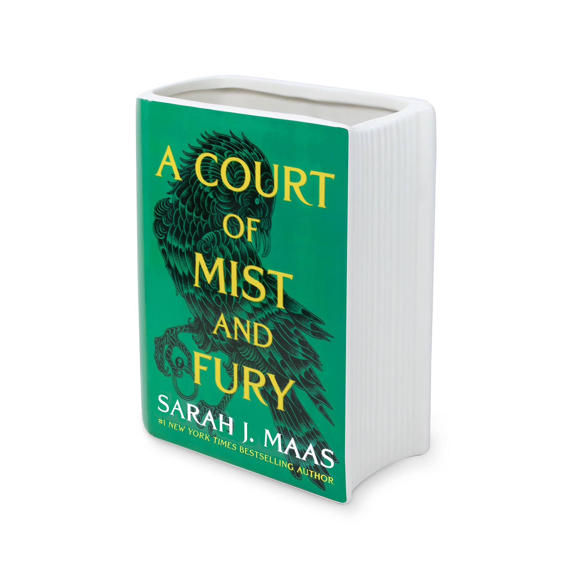 'A Court of Mist and Fury' by Sarah J. Maas vase with a green cover and white spine.