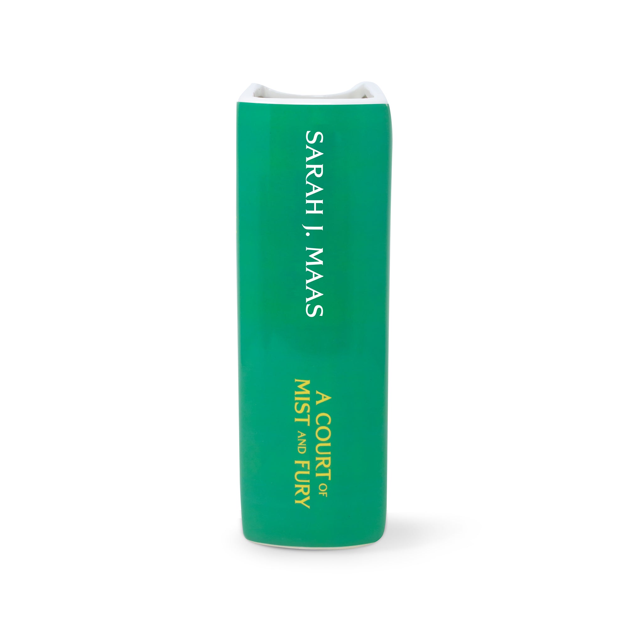 spine of 'A Court of Mist and Fury' by Sarah J. Maas vase with a green cover and white spine.
