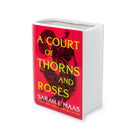 Book-shaped vase with 'A Court of Thorns and Roses' design on a white background
