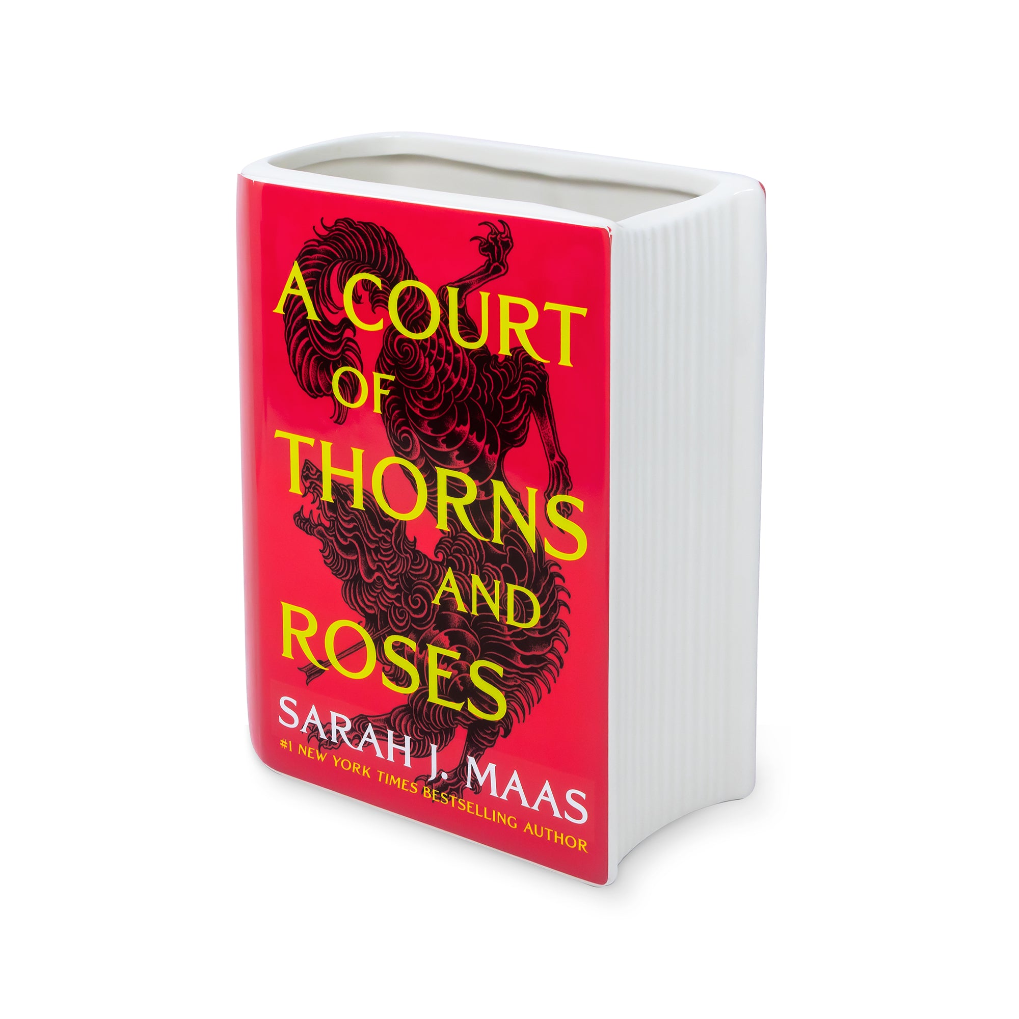 Book-shaped vase with 'A Court of Thorns and Roses' design on a white background