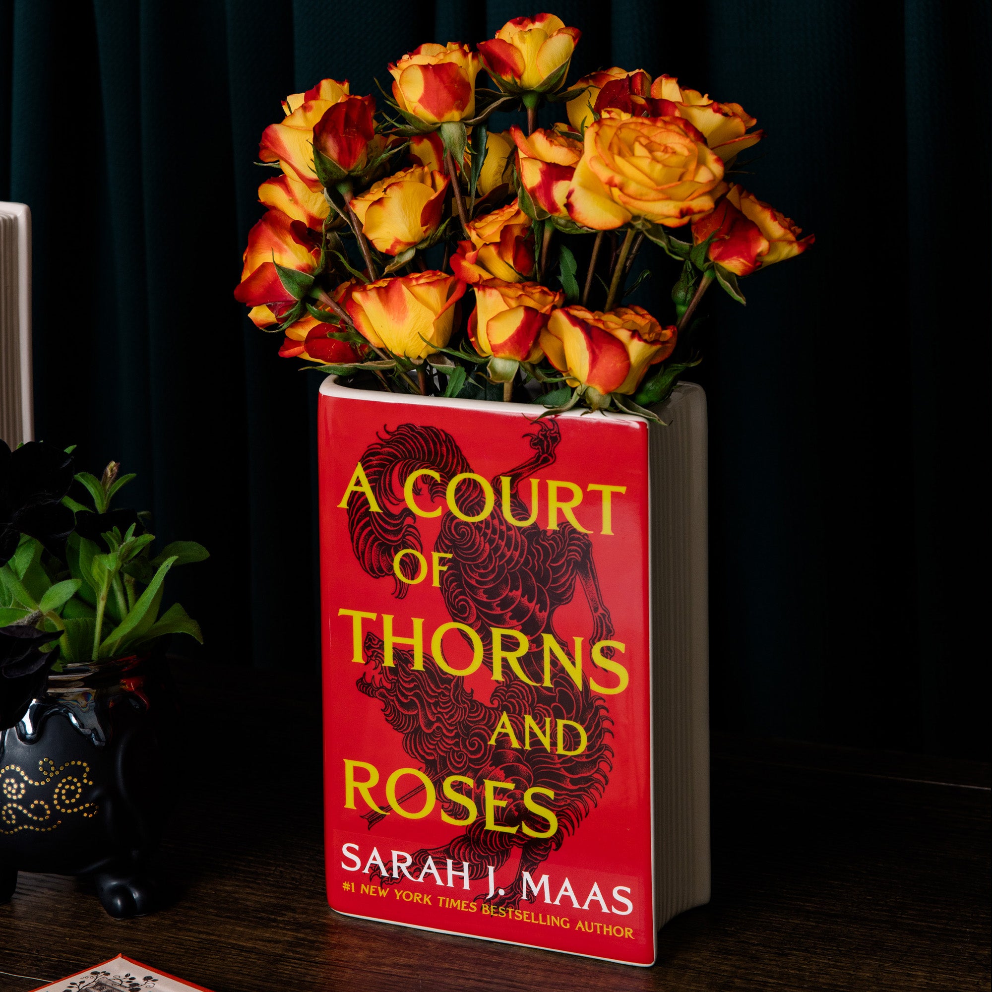 Book-shaped vase with 'A Court of Thorns and Roses' design with yellow red roses inside