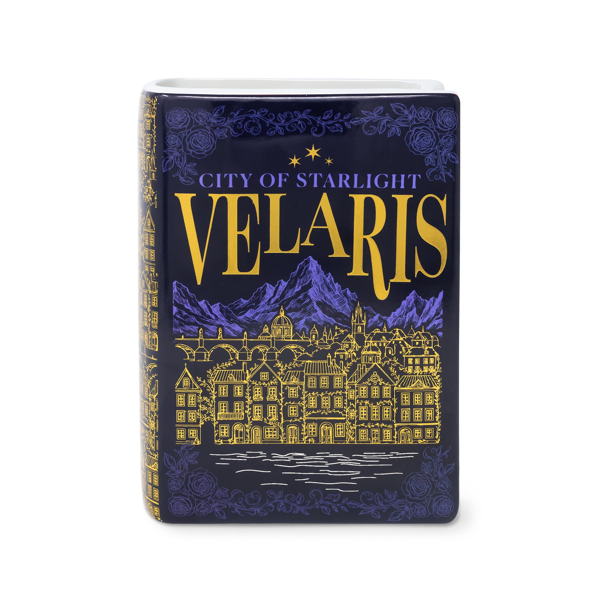front view of book-shaped vase with 'Velaris' design on a white background