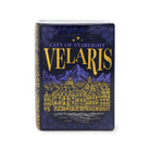 front view of book-shaped vase with 'Velaris' design on a white background