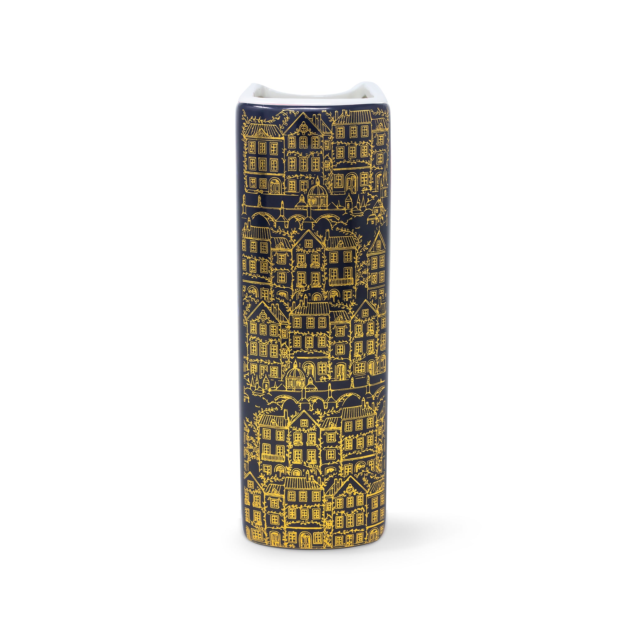 Spine of book-shaped vase with 'Velaris' design on a white background