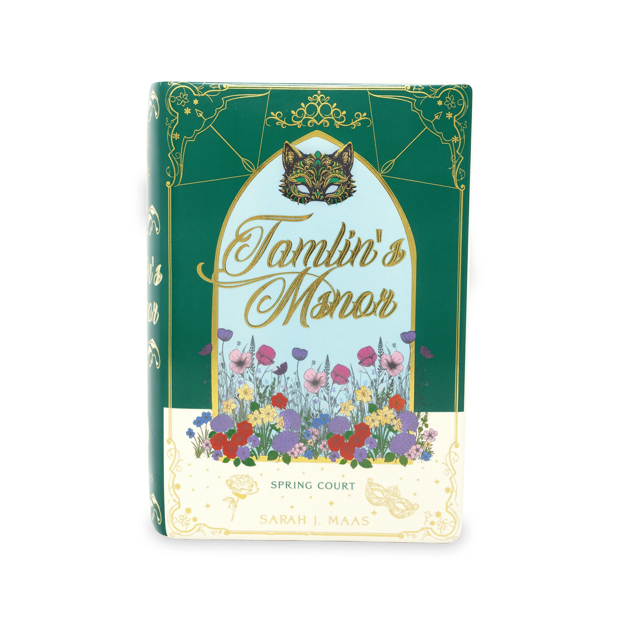 front view of book-shaped vase with 'Tamlin's Manor' design on a white background