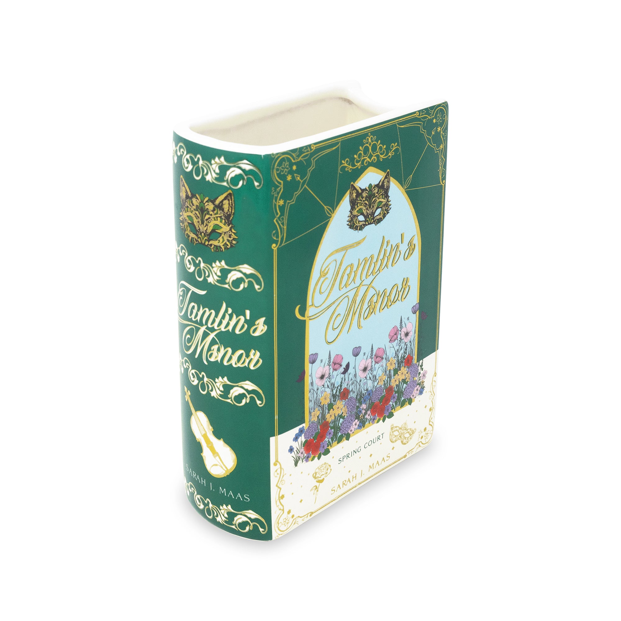 Book-shaped vase with 'Tamlin's Manor' design on a white background
