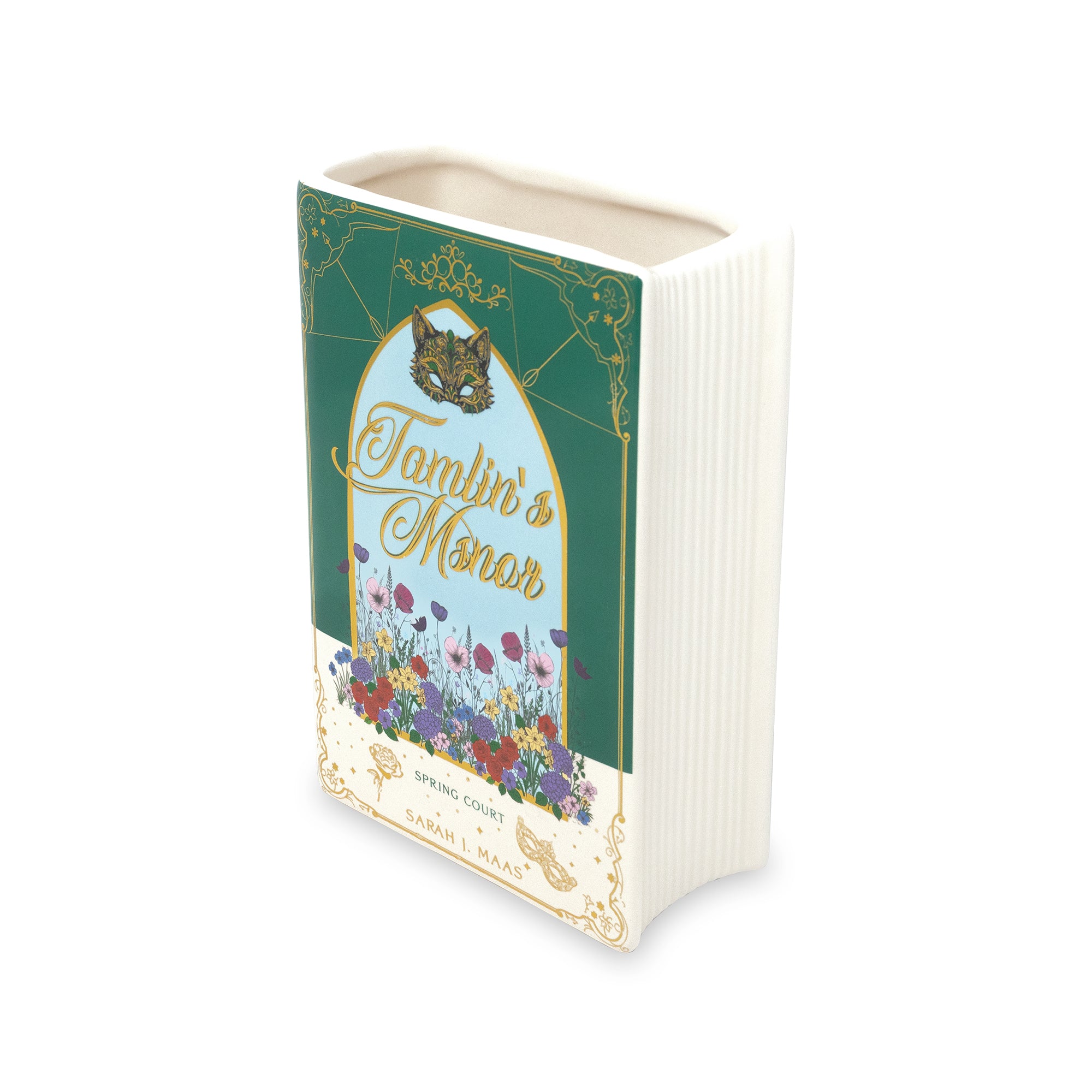 Backview of book-shaped vase with 'Tamlin's Manor' design on a white background