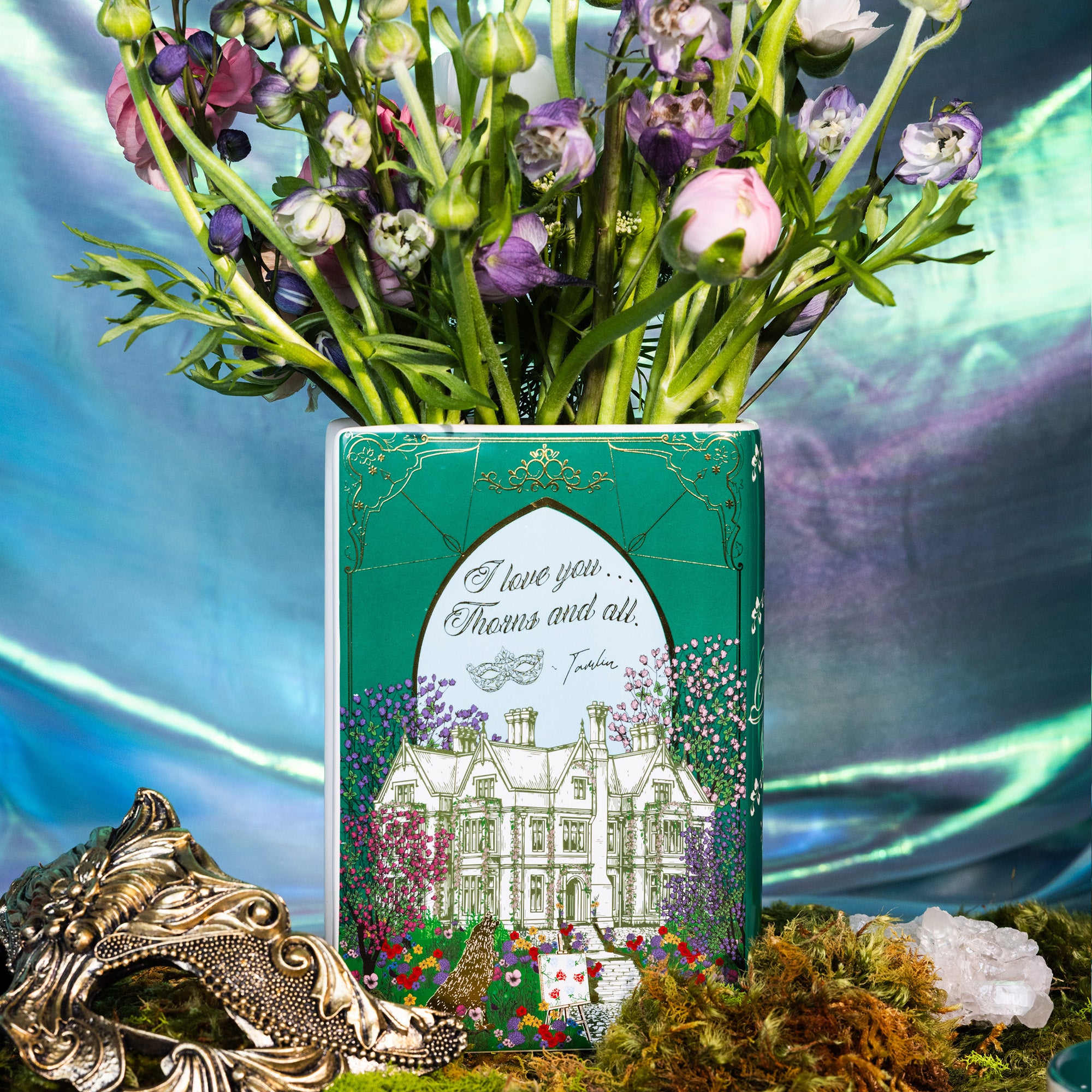 back view of Book-shaped vase with 'Tamlin's Manor' design