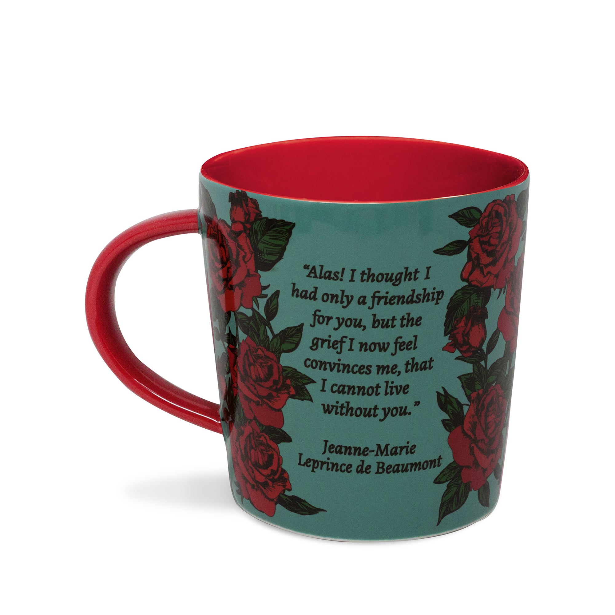 back view of teal beauty and the beast mug with red interior