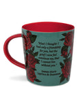 back view of teal beauty and the beast mug with red interior