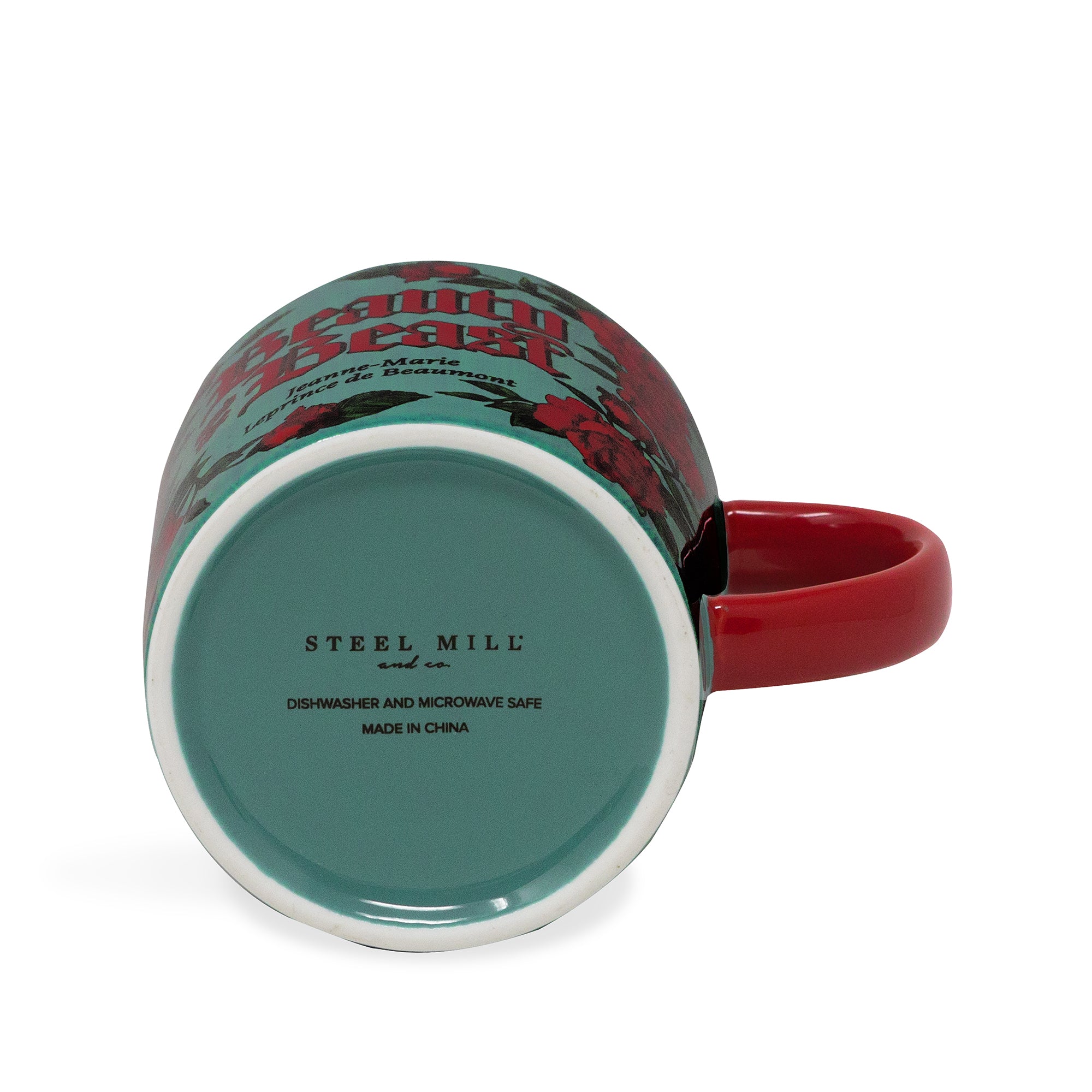 bottom view of teal beauty and the beast mug with red interio