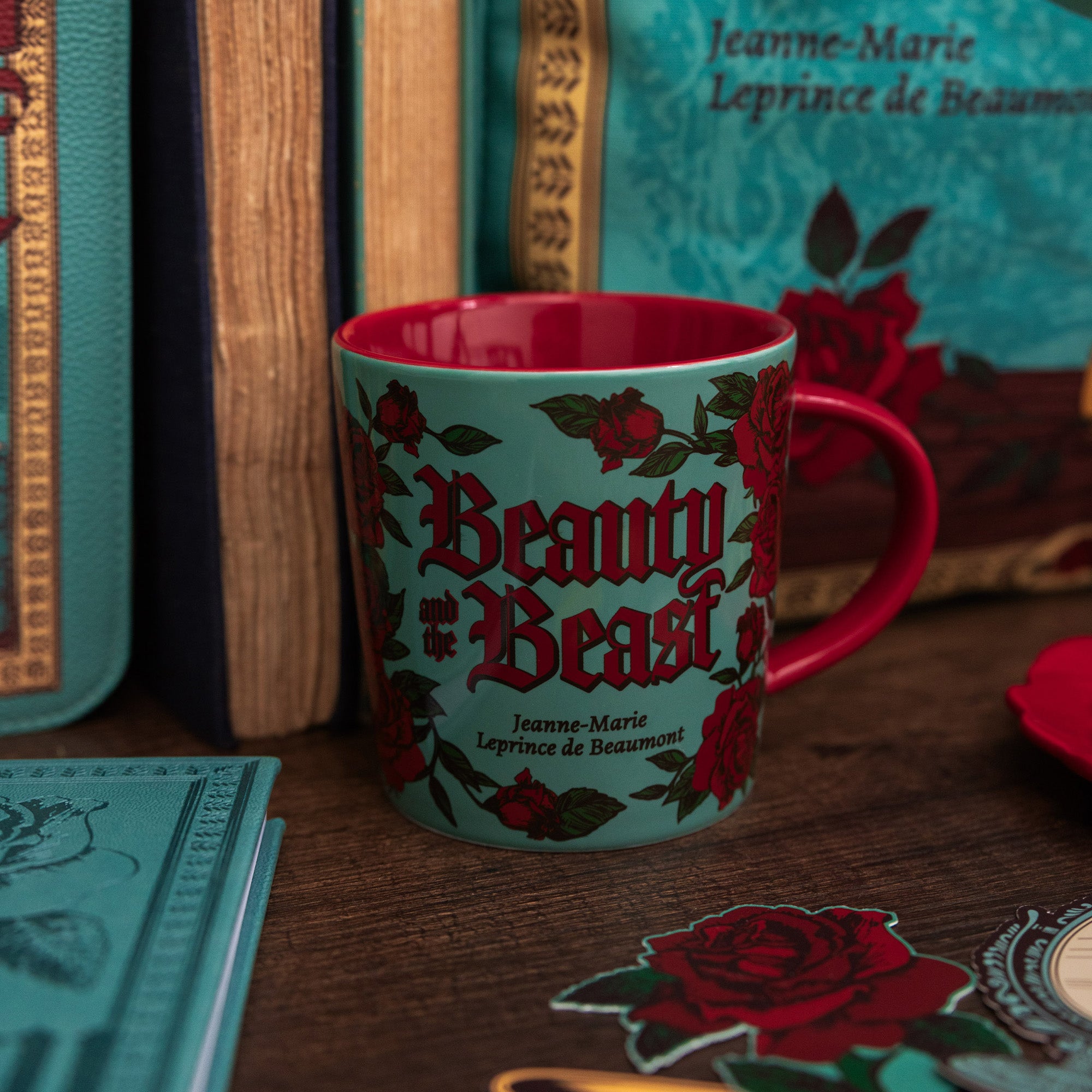 teal beauty and the beast mug with red interior