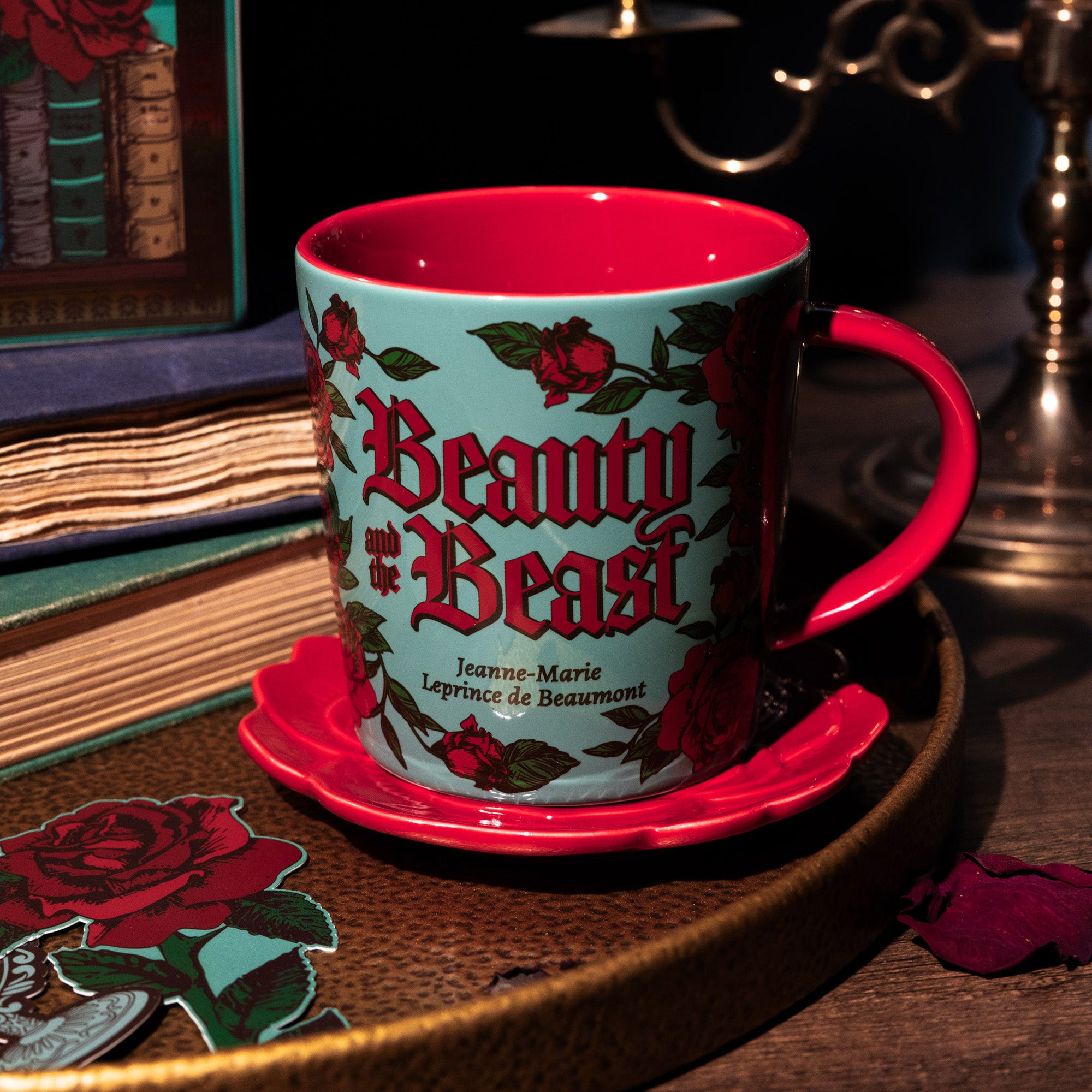 teal beauty and the beast mug with red interior