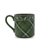A green ceramic mug featuring a classic tartan plaid pattern on the lower body and a decorative paisley border near the rim, set against a plain white background.