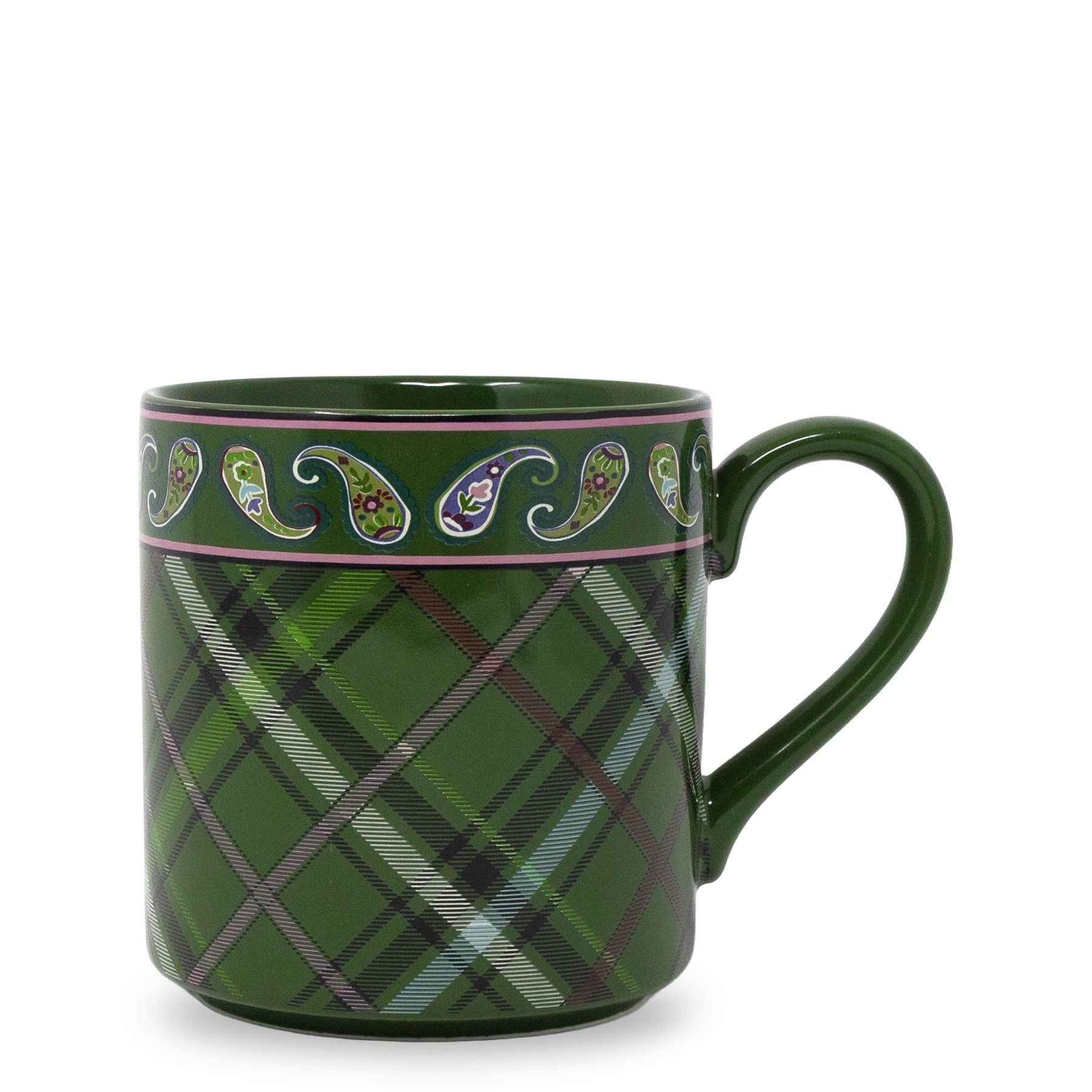 A green ceramic mug featuring a tartan plaid pattern on the lower body and a decorative paisley band around the rim, set against a plain white background.