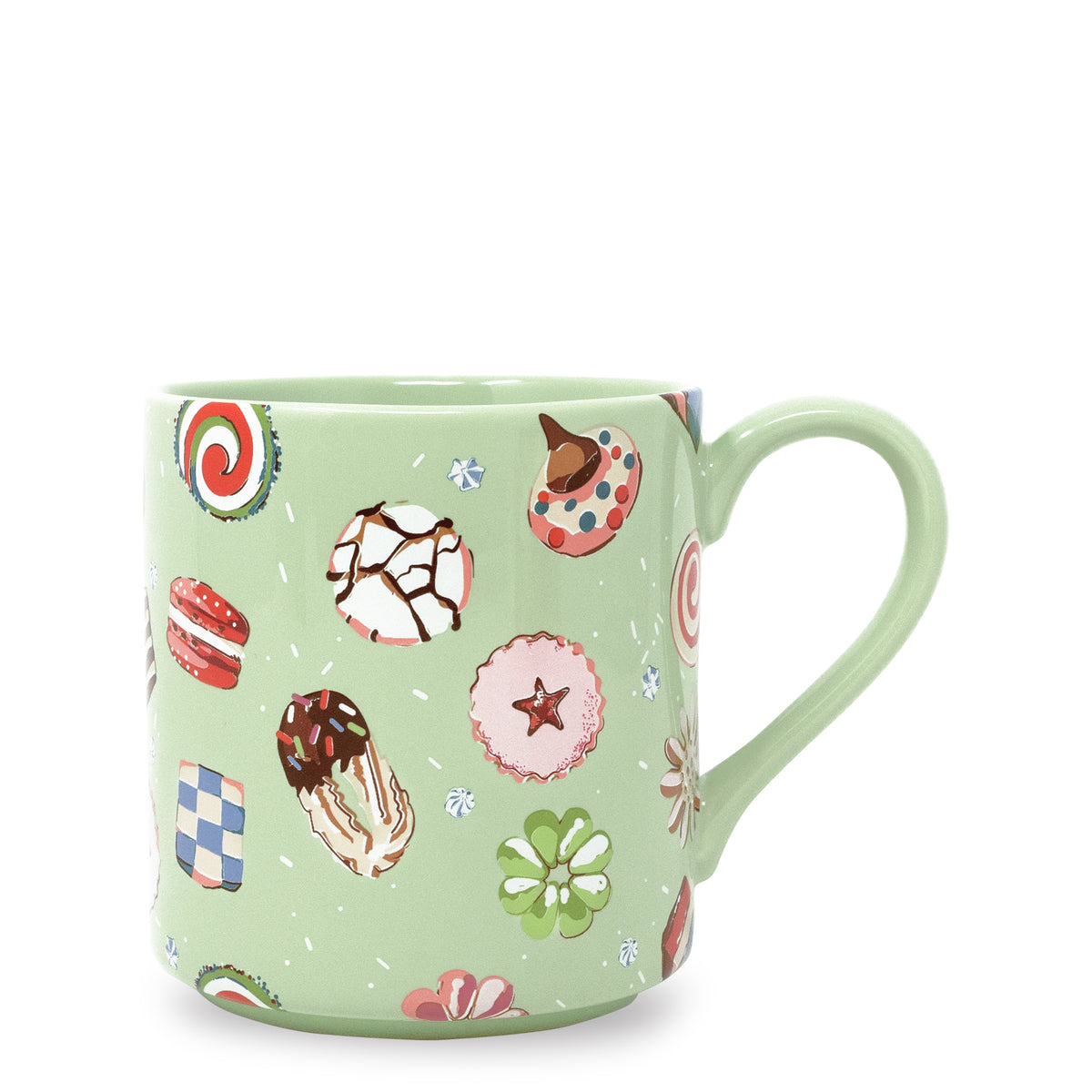 A light green ceramic mug decorated with a whimsical pattern of various colorful sweets, cookies, and candies, shown against a plain white background.