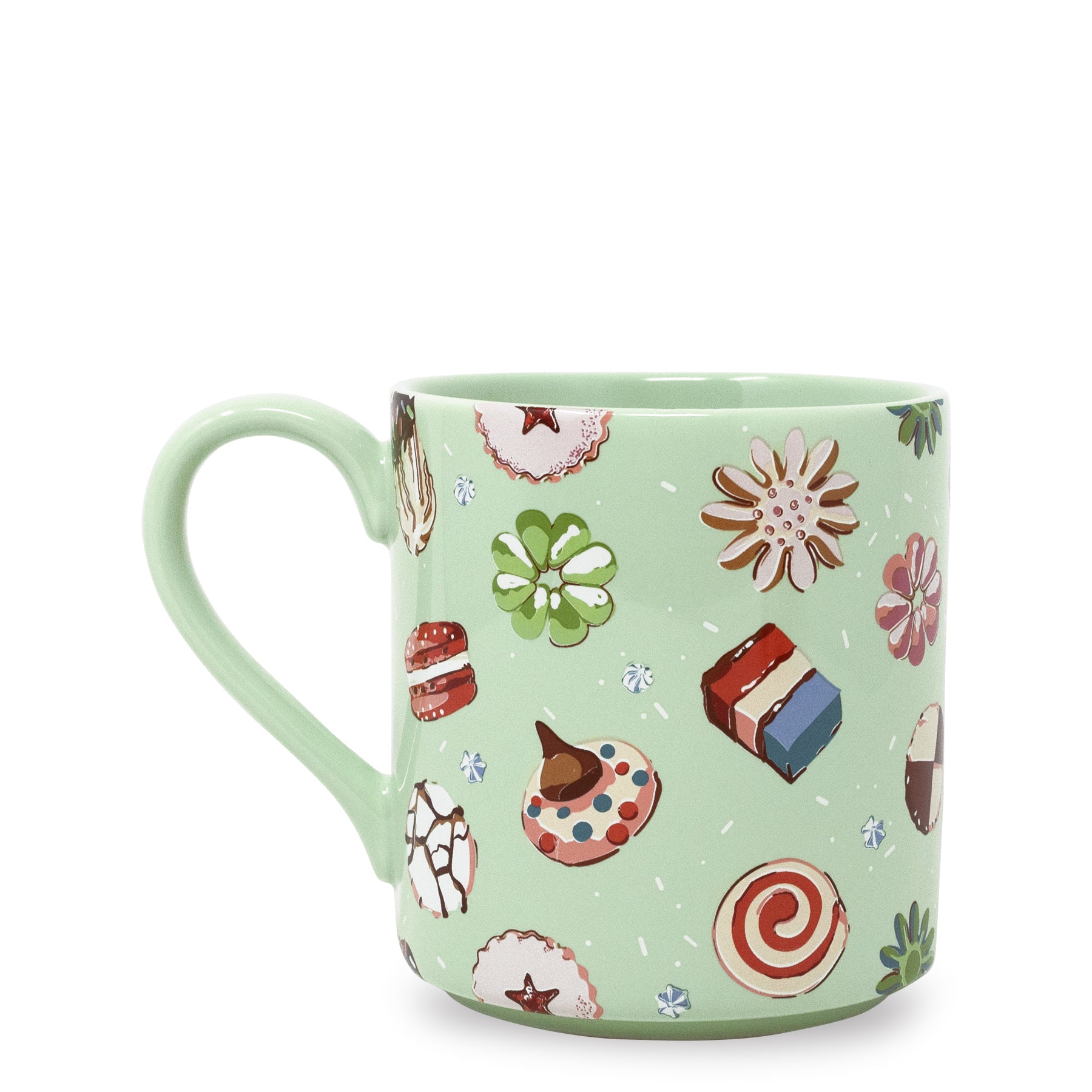A light green ceramic mug decorated with a whimsical pattern of various sweets, candies, and flowers, shown against a plain white background.