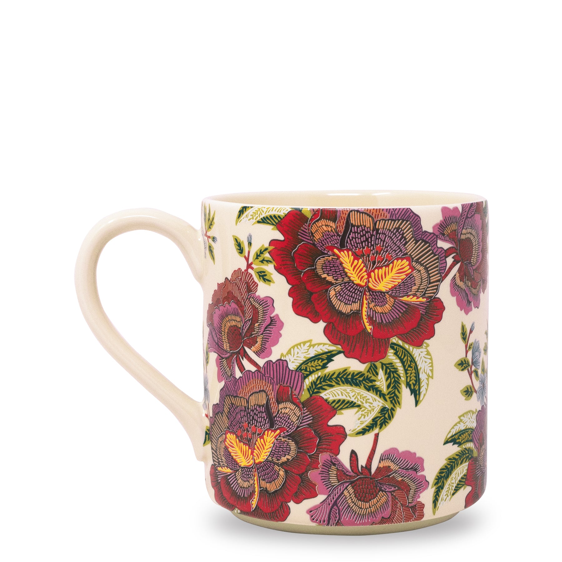 A ceramic mug with a cream-colored handle and base, decorated with a detailed floral pattern featuring red, purple, and green peony-like flowers with yellow centers on a white background.