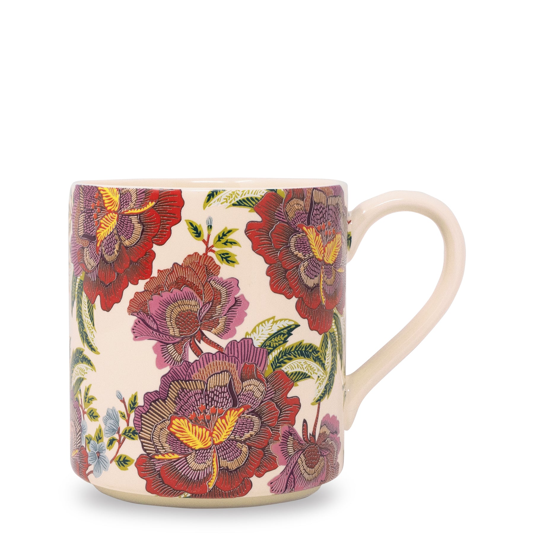 A ceramic mug with a cream-colored base decorated with a detailed, multicolored floral pattern featuring red, purple, and yellow blossoms, shown against a plain white background.