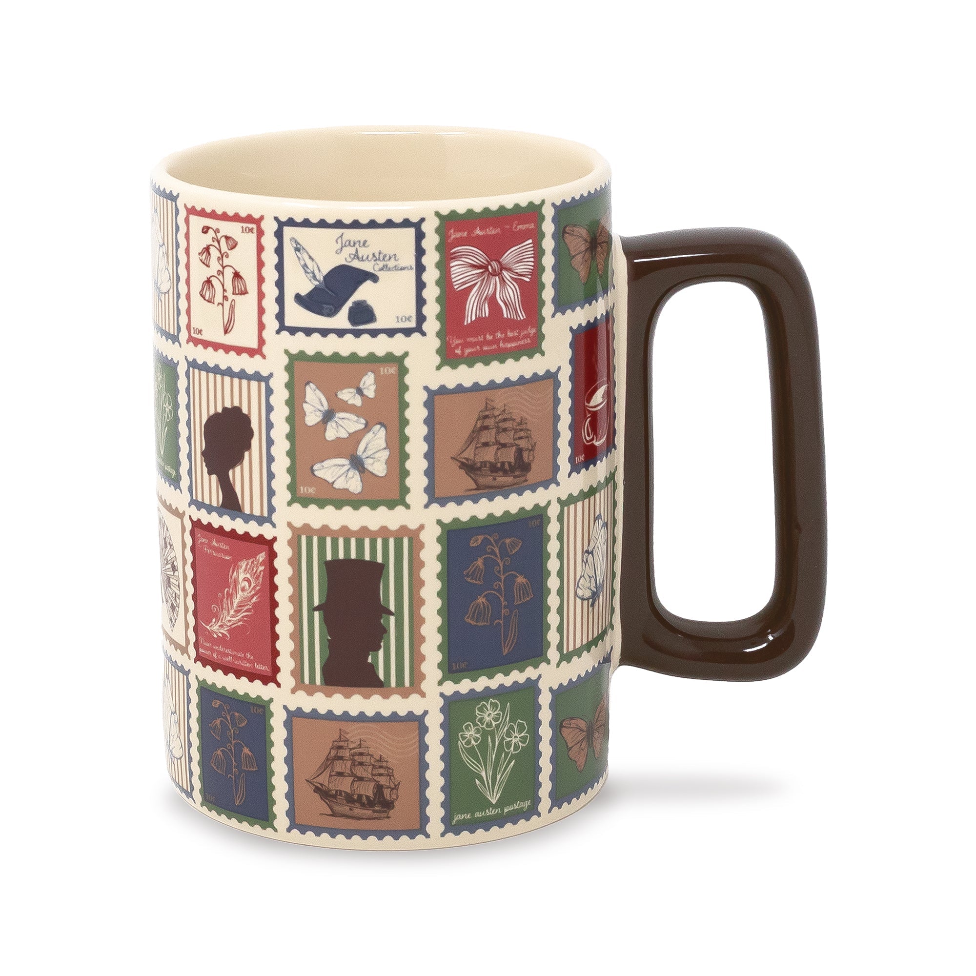A ceramic mug featuring a vintage postage stamp collage pattern with illustrations of ships, birds, and botanical motifs, finished with a dark brown handle and interior.