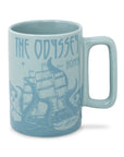 Light blue mug with 'The Odyssey' design featuring a ship and octopus on a white background