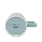 Light blue mug with 'Steel Mill' branding and washing instructions on a white background
