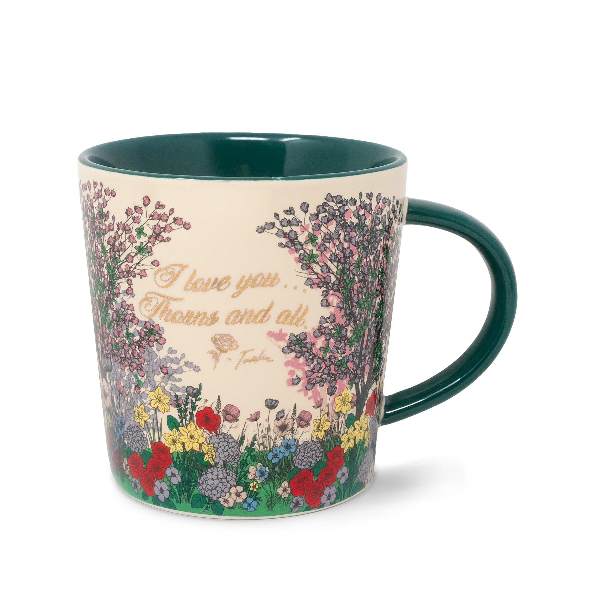 Mug with floral design and text on a white background