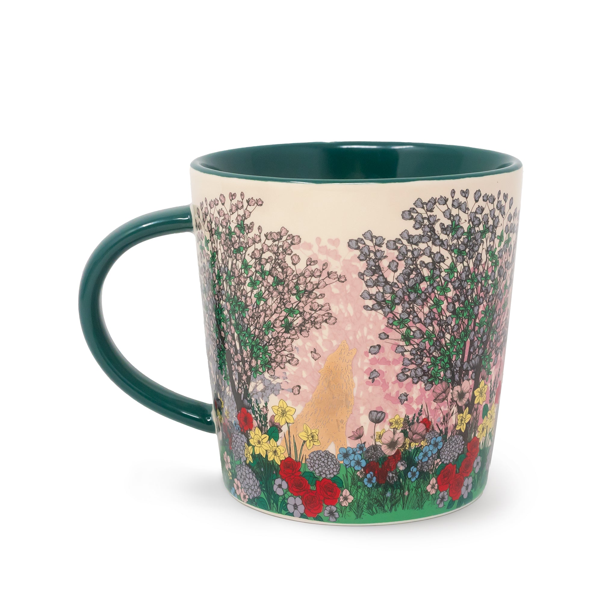 Mug with a floral and animal design on a white background