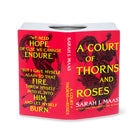Book cover of 'A Court of Thorns and Roses' open book vase with red background and black text.