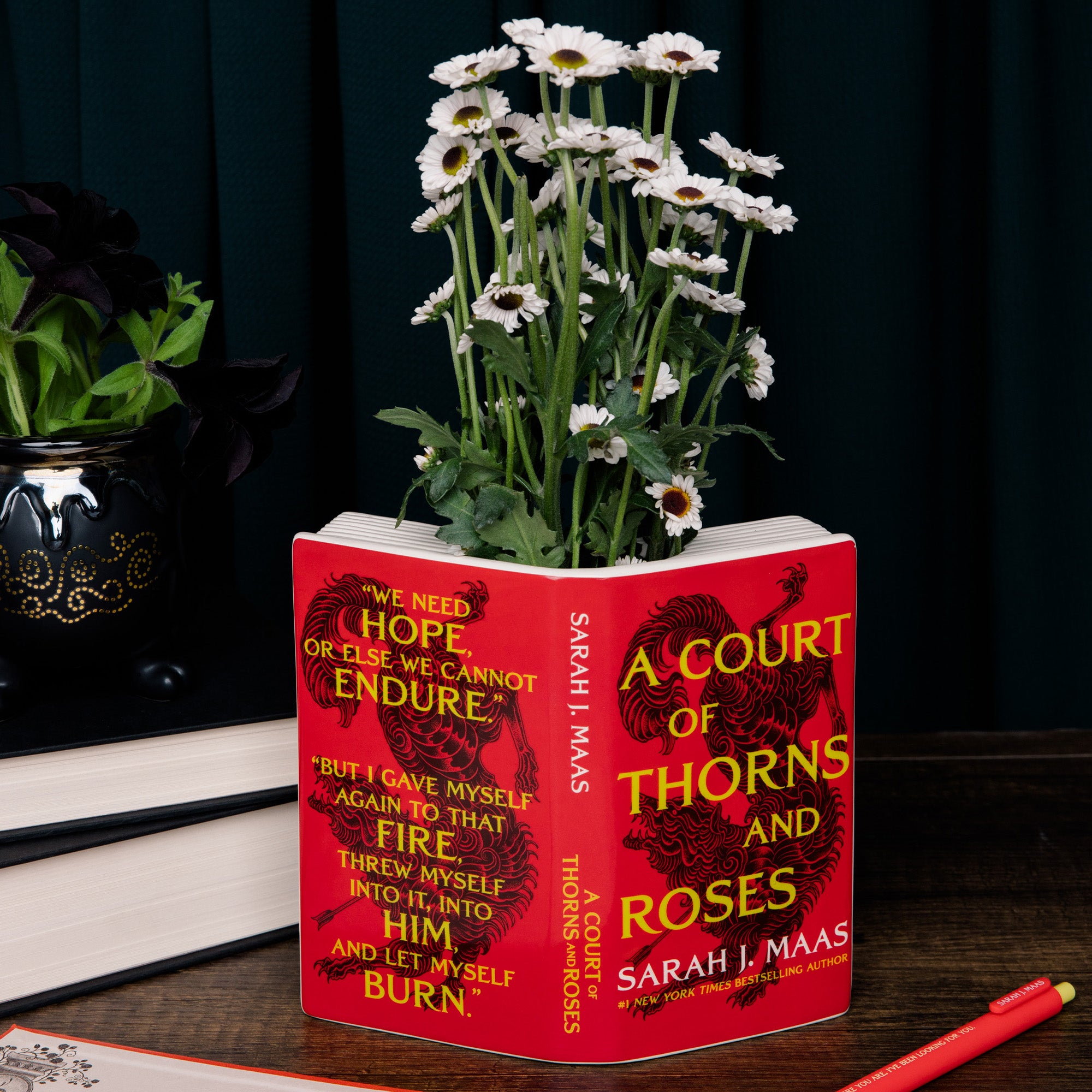 Book-shaped vase with 'A Court of Thorns and Roses' book design, filled with white flowers.
