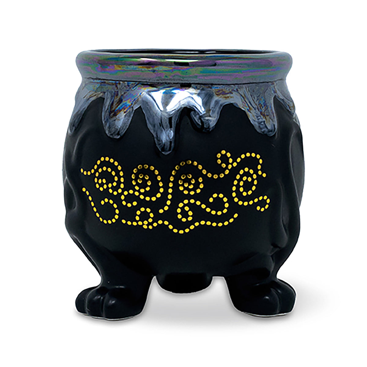 black cauldron planter with oil slick bubbling top, gold swirl accents and three foot base