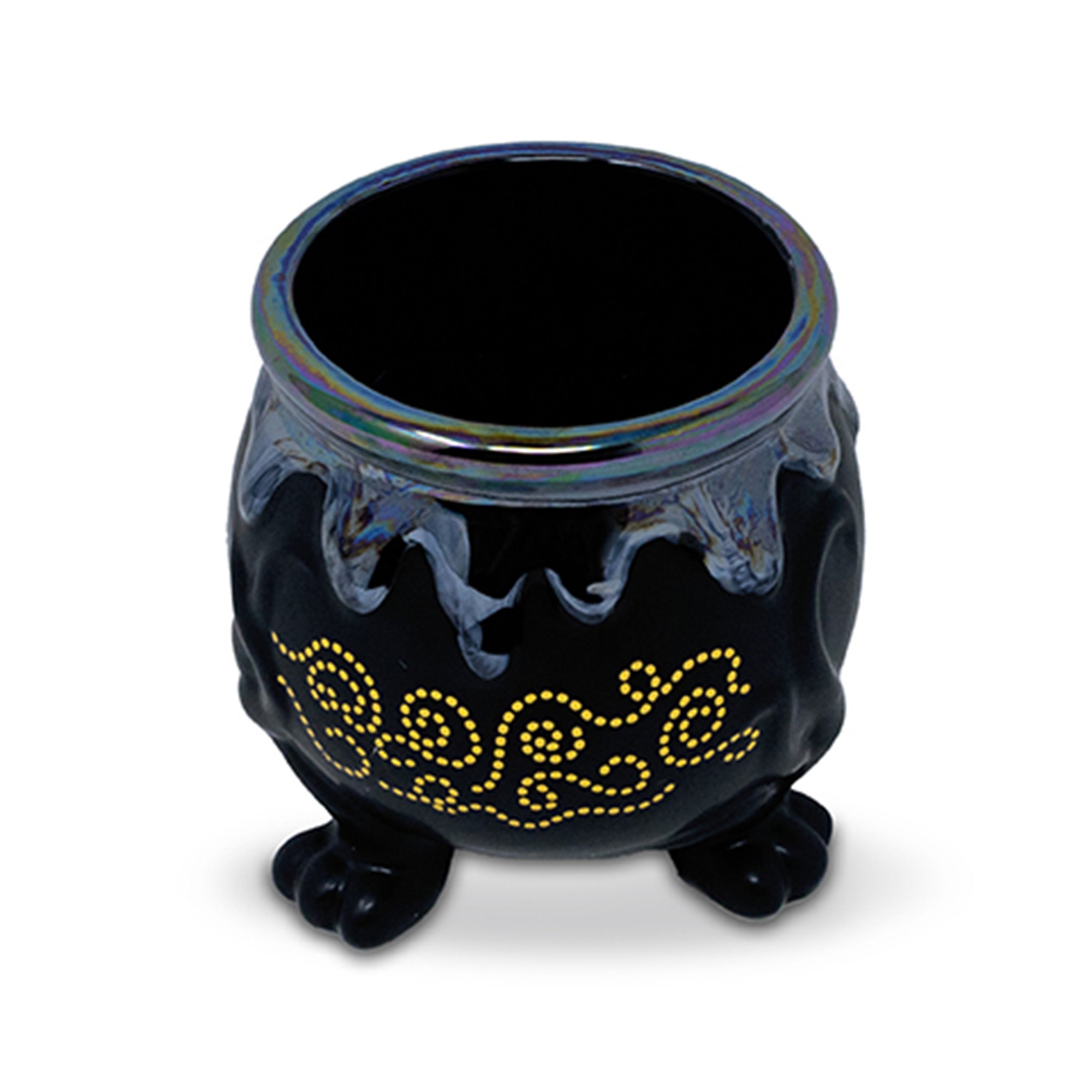 top view of black cauldron planter with oil slick bubbling top, gold swirl accents and three foot base