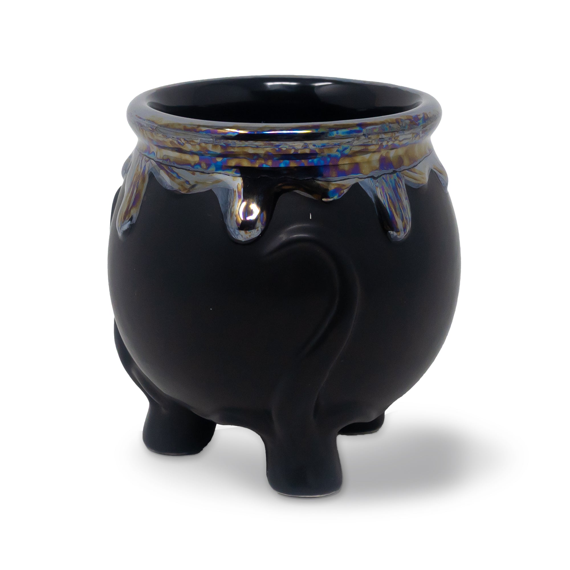 Black ceramic pot with colorful interior on a white background