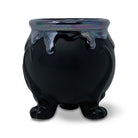 back view of black cauldron planter with oil slick bubbling top, gold swirl accents and three foot base