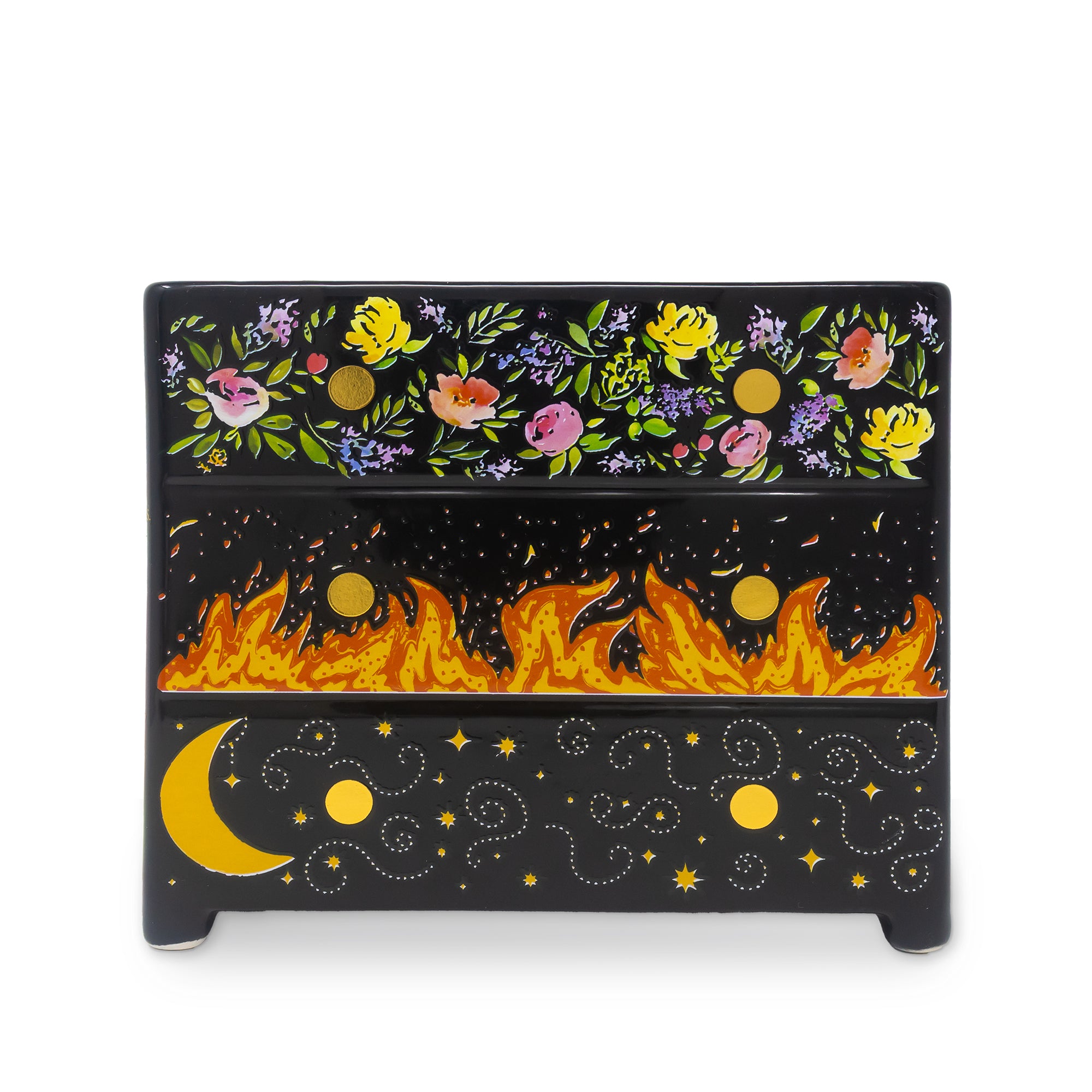 Black planter with floral and fiery designs on a white background