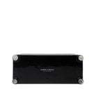 bottom view of black planter with floral and fiery designs on a white background
