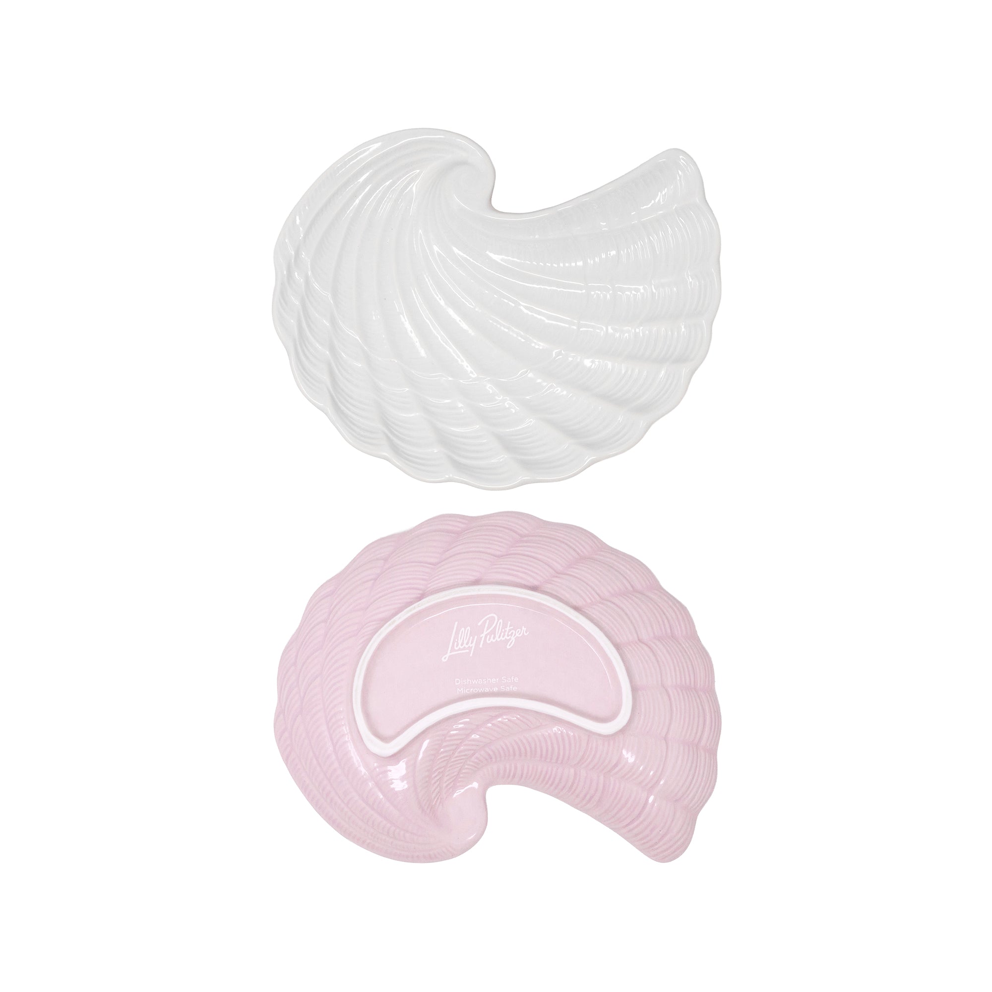 top and bottom view of two white shell-shaped plates on a white background