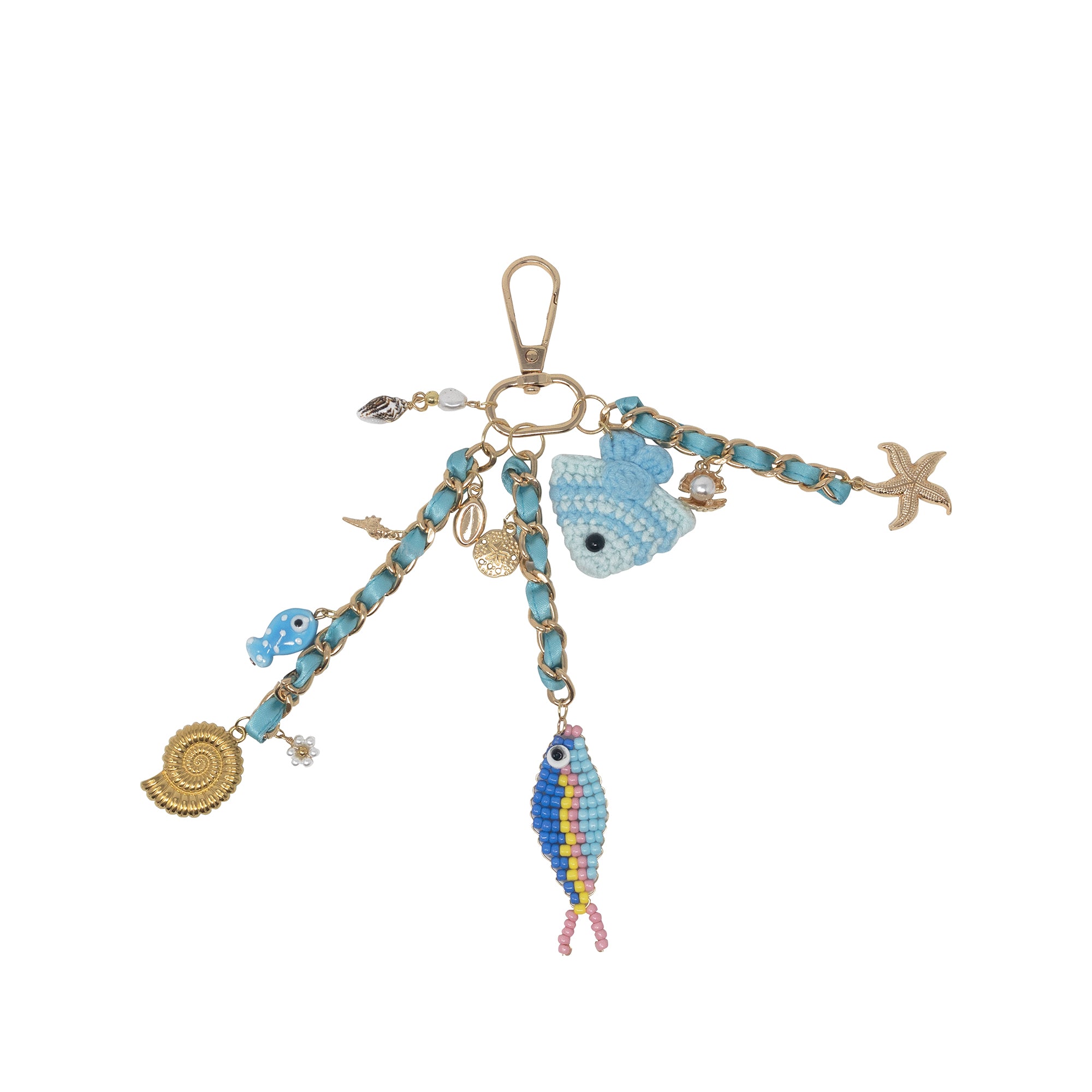 Keychain with various charms including fish and a starfish on a white background