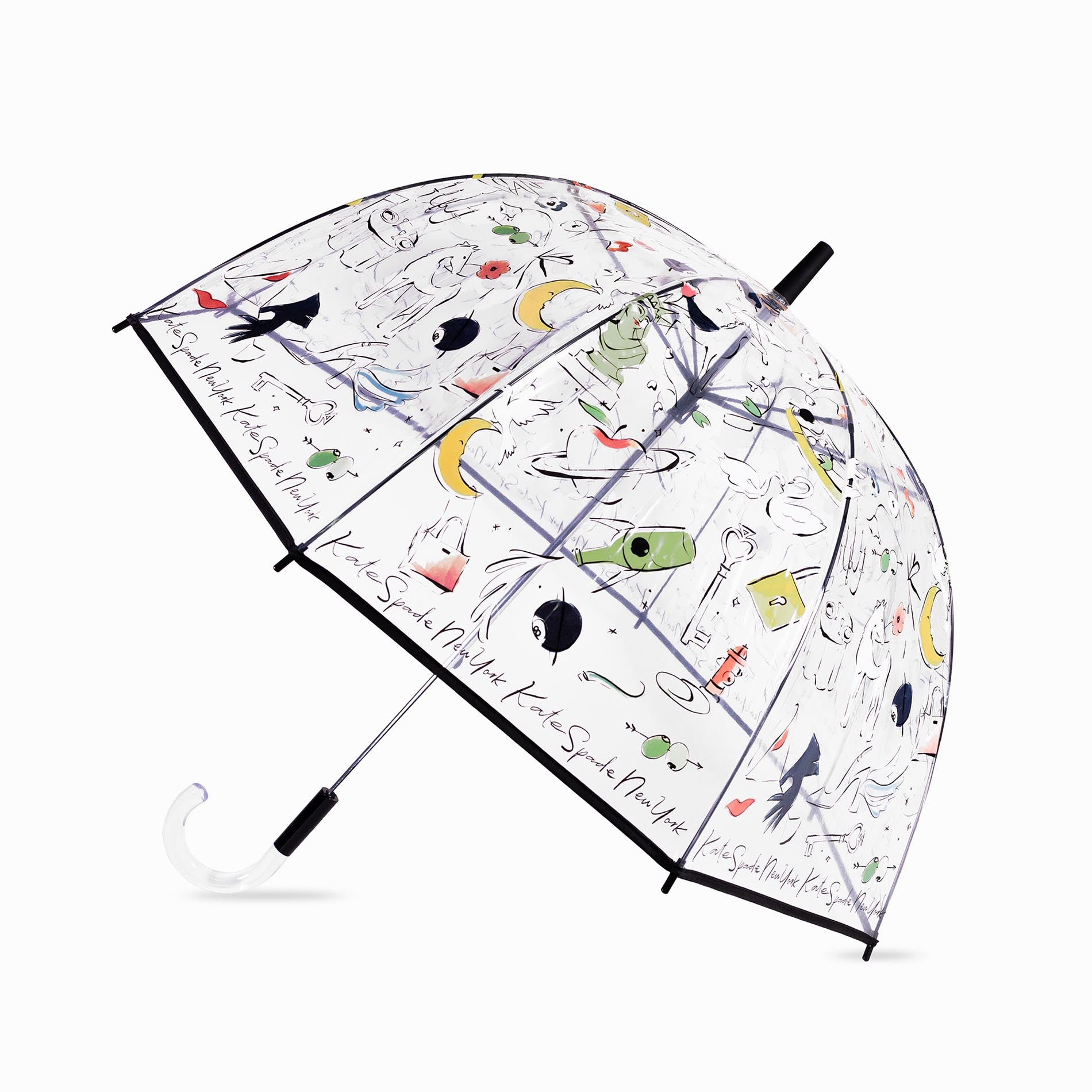 Transparent umbrella with colorful illustrations on a white background