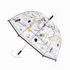 Transparent umbrella with colorful illustrations on a white background