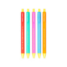 Five colorful pens with yellow tips on a white background
