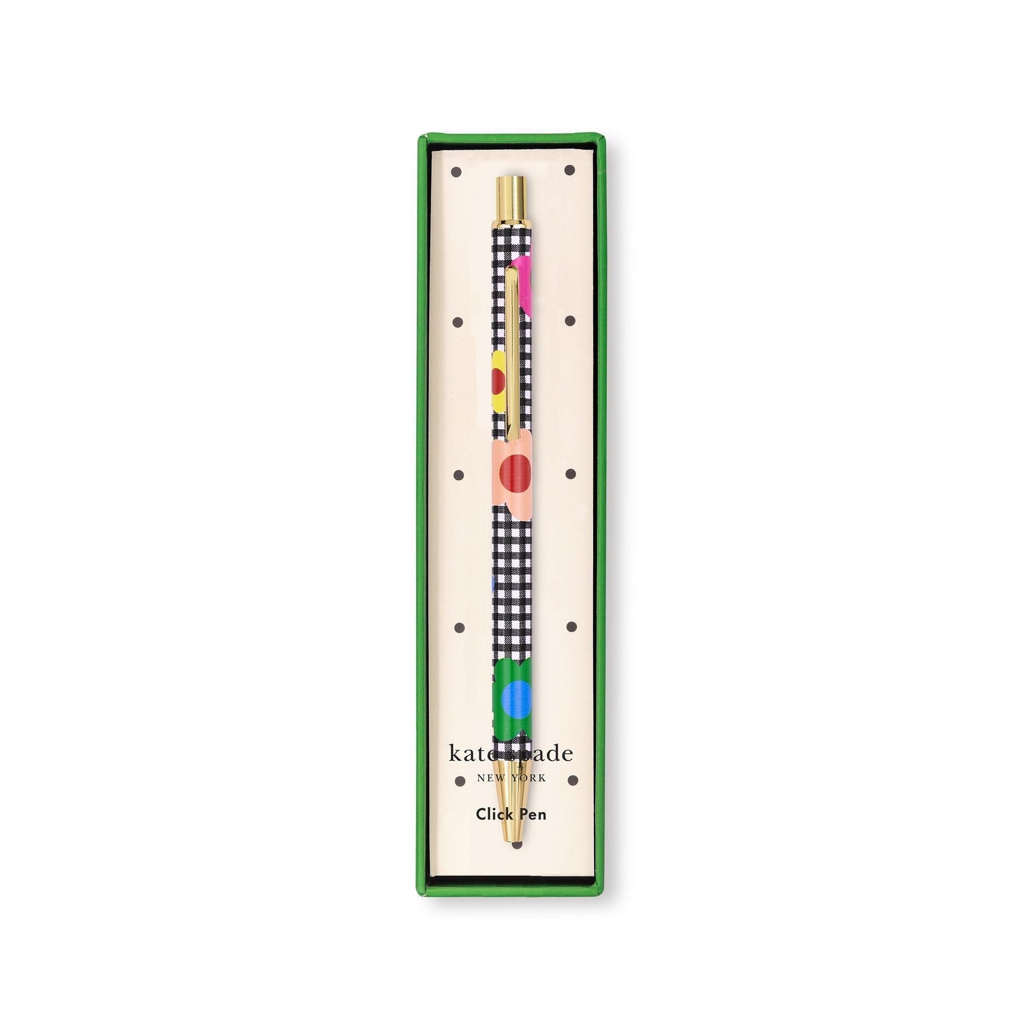 Colorful pen with checkered design in a Kate Spade box on a white background