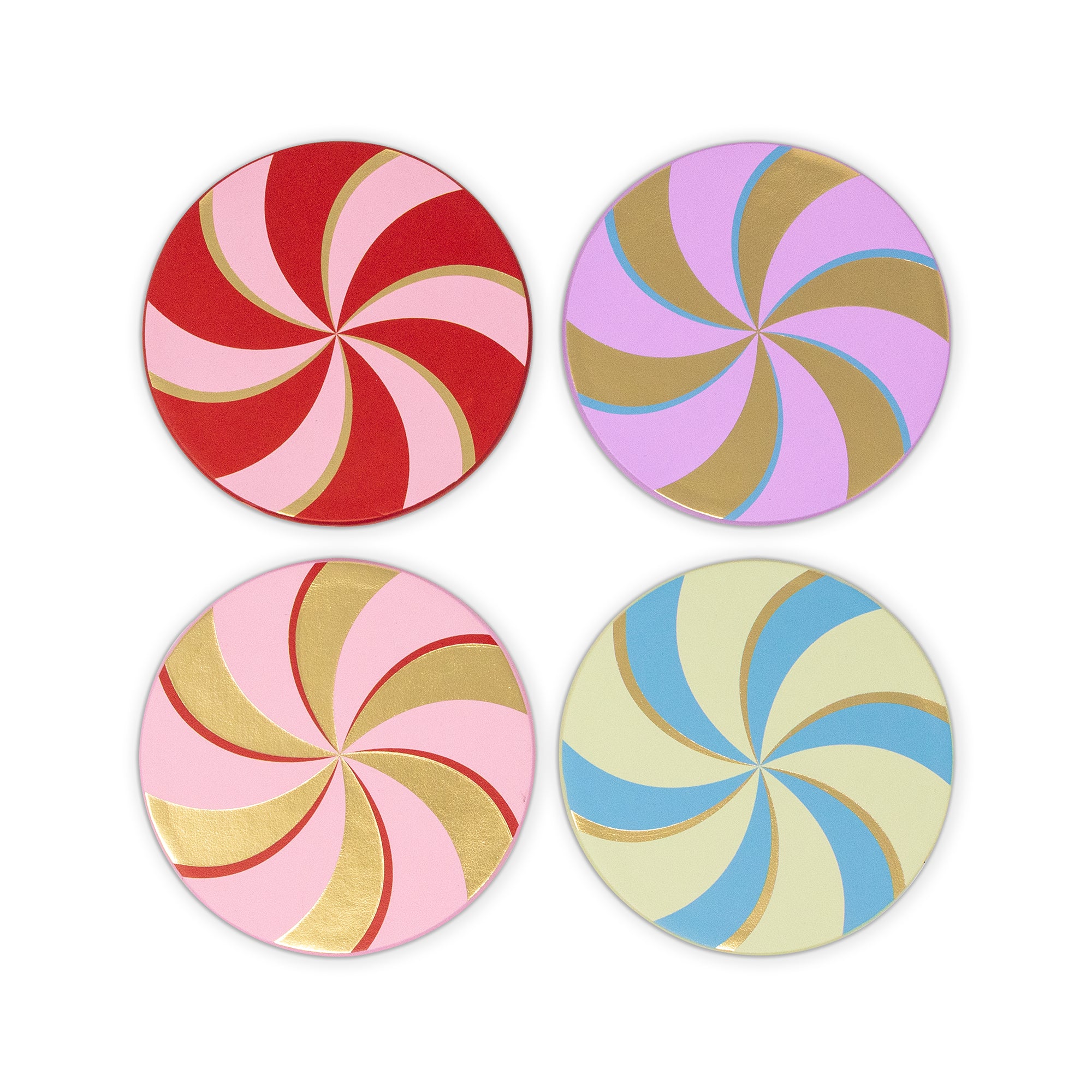 Four round coasters with colorful spiral designs arranged in a 2x2 grid on a white background. The coasters feature candy swirl patterns in red and pink, lavender and gold, light pink and gold, and light blue and cream.