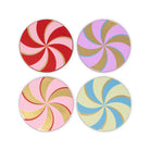 Four round coasters with colorful spiral designs arranged in a 2x2 grid on a white background. The coasters feature candy swirl patterns in red and pink, lavender and gold, light pink and gold, and light blue and cream.