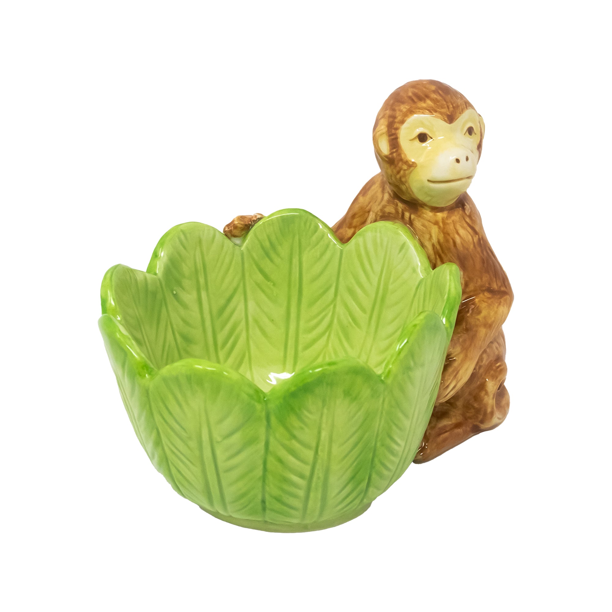 A ceramic monkey-shaped bowl with a bright green leaf-textured rim and a brown monkey figure holding it, shown on a plain white background.