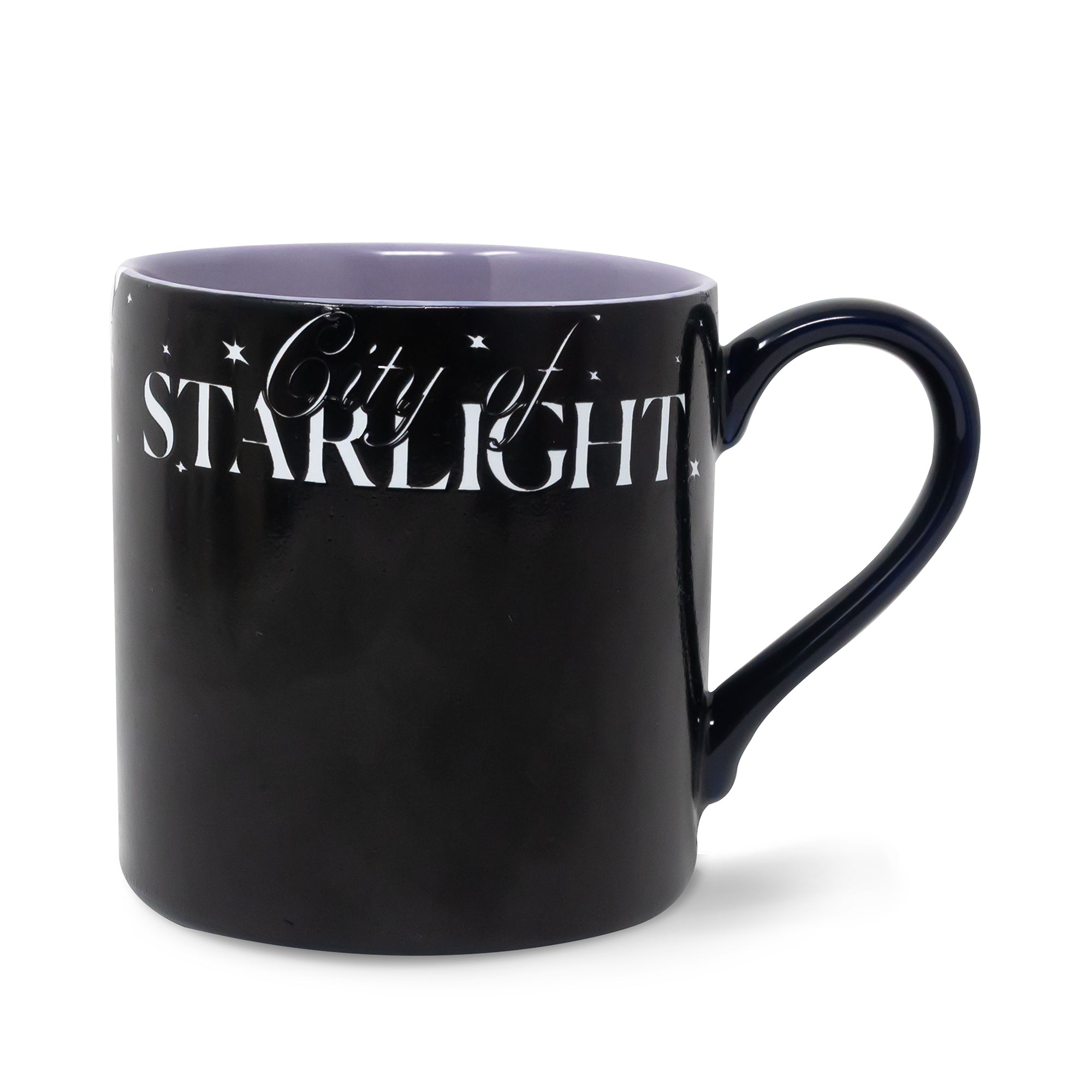 Black mug with 'City of Starlight' text on a white background