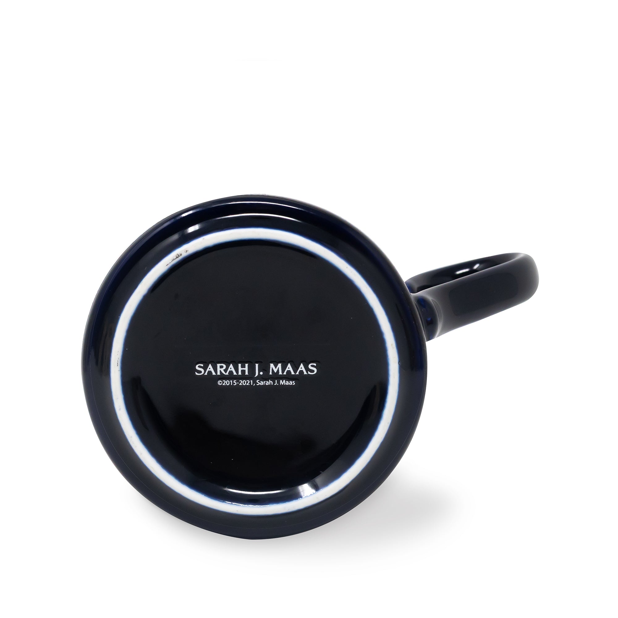 Black mug with 'Sarah J. Maas' branding on a white background