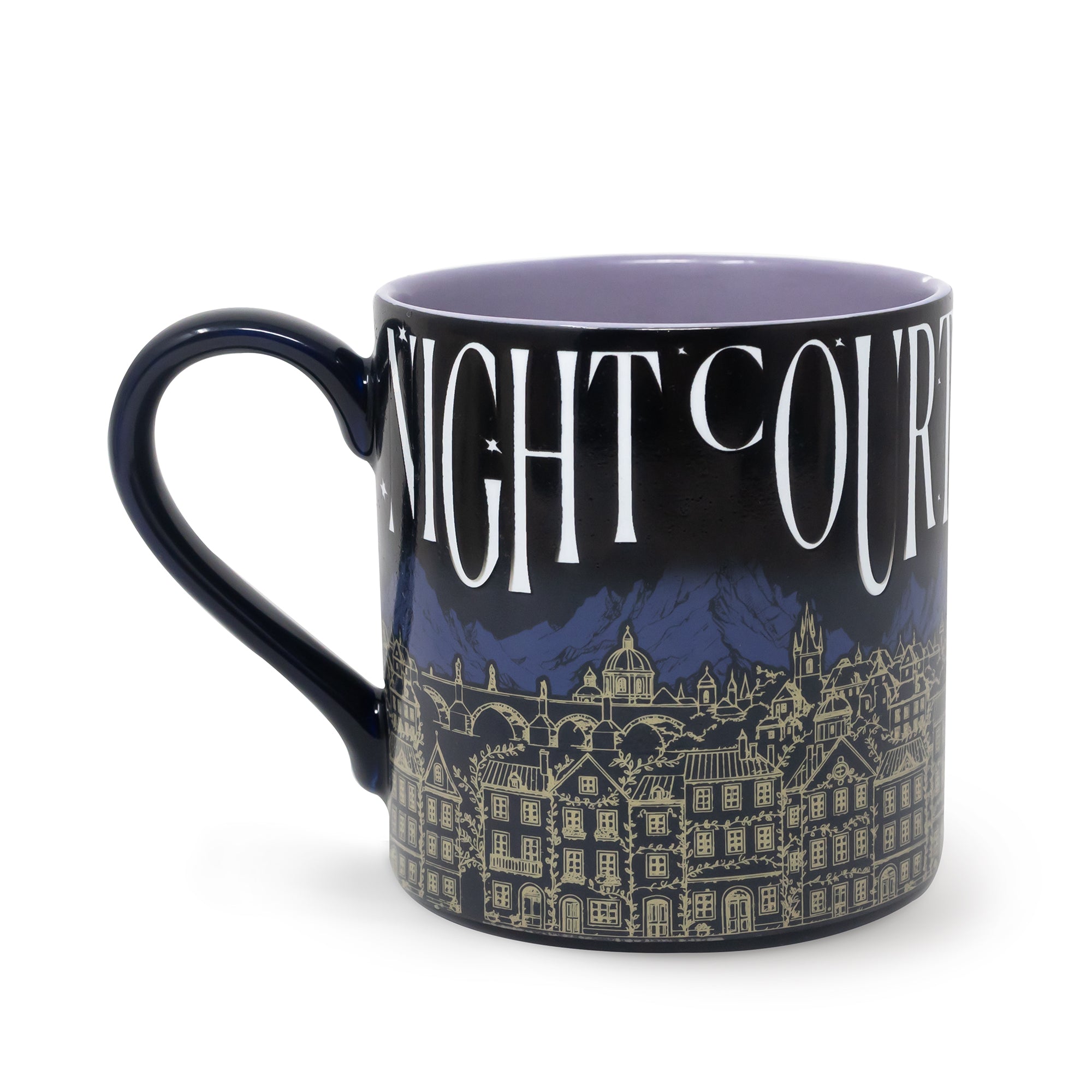 Mug with 'Night Court' text and cityscape design on a white background