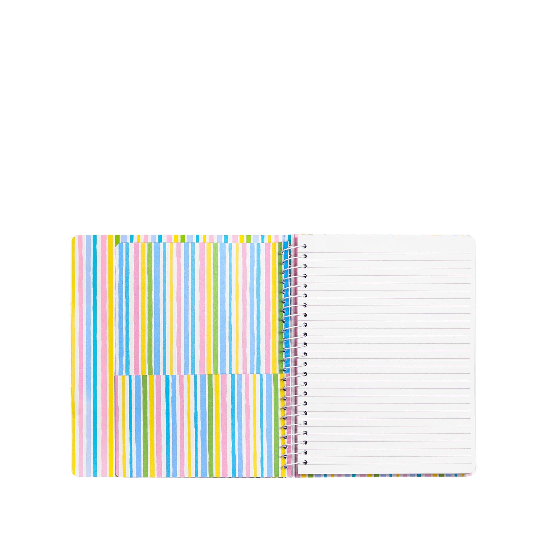 Notebook with colorful striped design on a white background